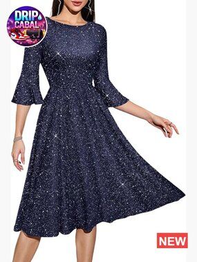 Sequined Bell Sleeve Cocktail Dress with Zipper Back